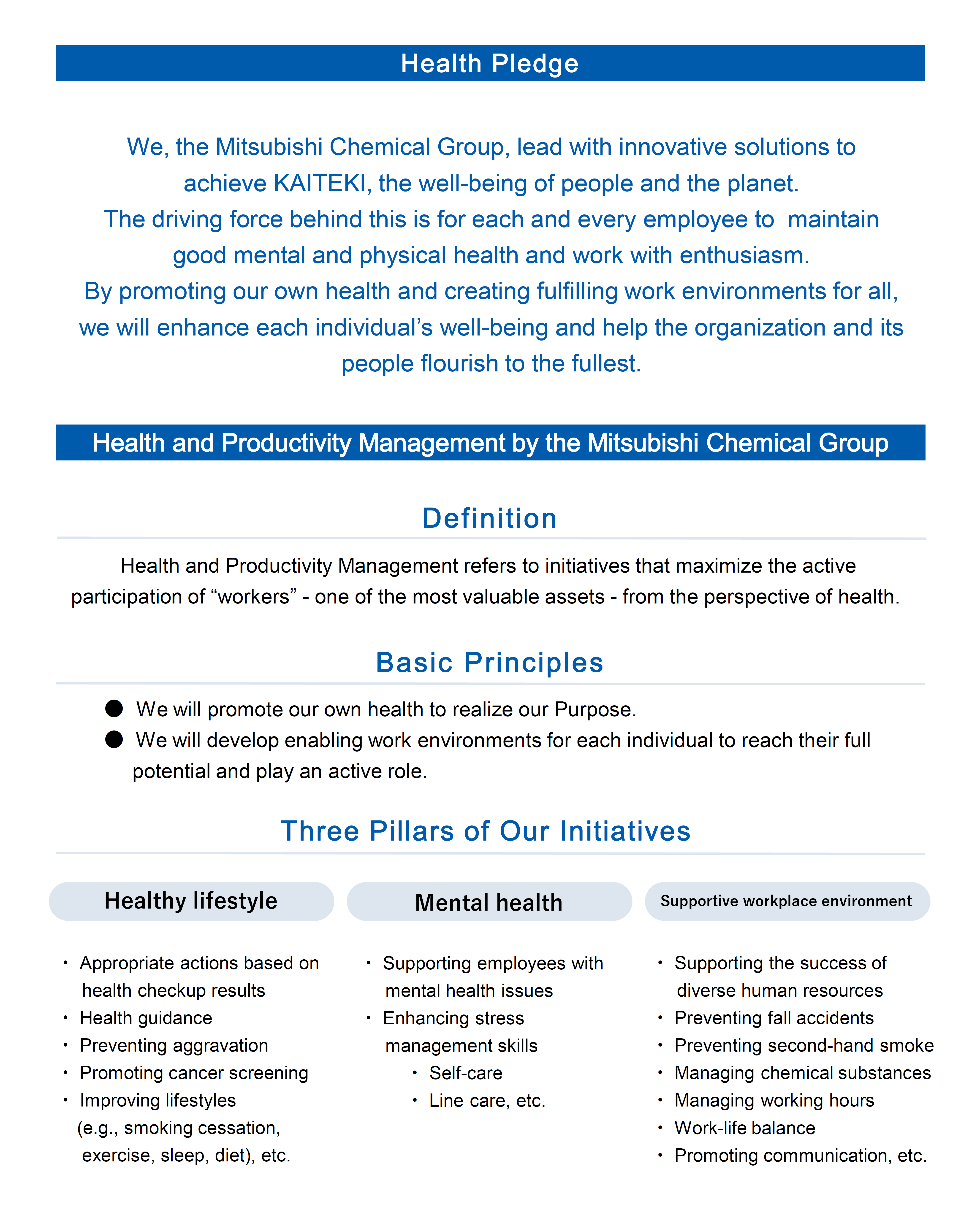 Health Pledge, Health and Productivity Management by the Mitsubishi Chemical Group